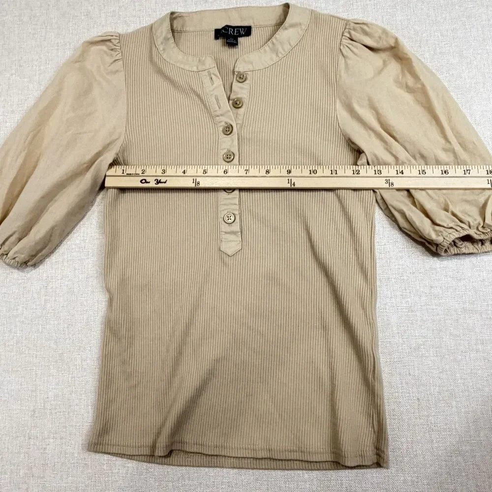 J.Crew Vintage Rib Puff Sleeve Henley Top Womens XS Tan Beige BQ896